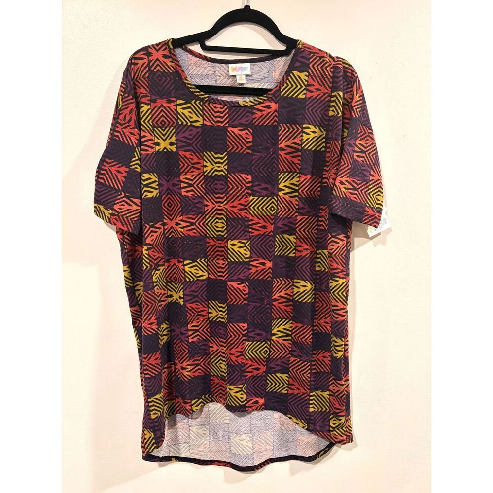 LuLaRoe Irma XS Tunic Top Geometric Print High Low Hem Short Sleeve NWT